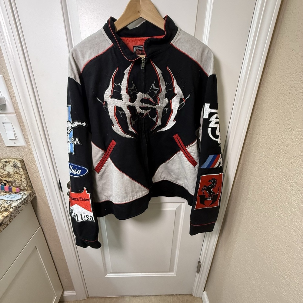Hell USA Racing Division Jacket Men XL Embroidered Patchwork Black Gray Y2K